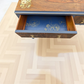 Vintage art deco navy blue and gold dressing table, walnut burr wood desk