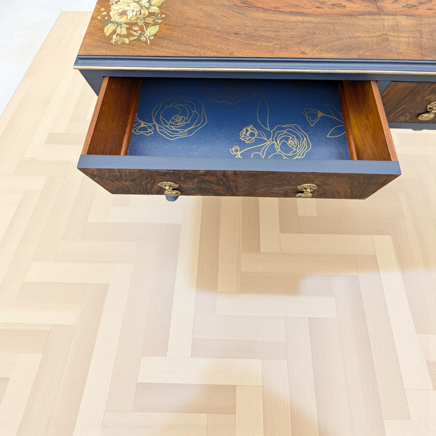 Vintage art deco navy blue and gold dressing table, walnut burr wood desk