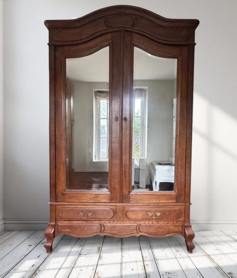 Antique Early 1900’s Mirrored Armoire Wardrobe French Oak Knockdown.