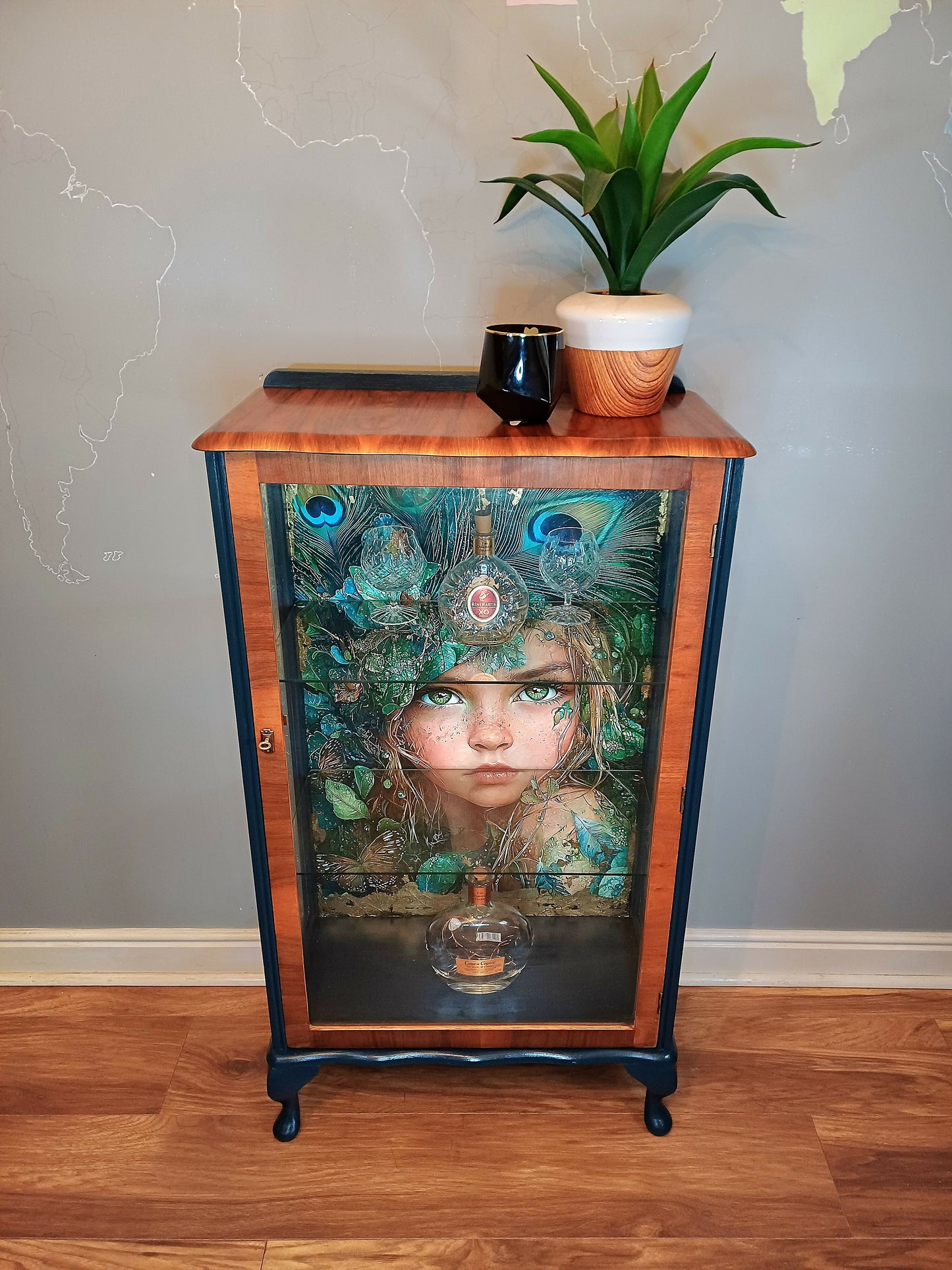 Upcycled Display Case with Decoupaged Peacock Princess and Glass Shelves