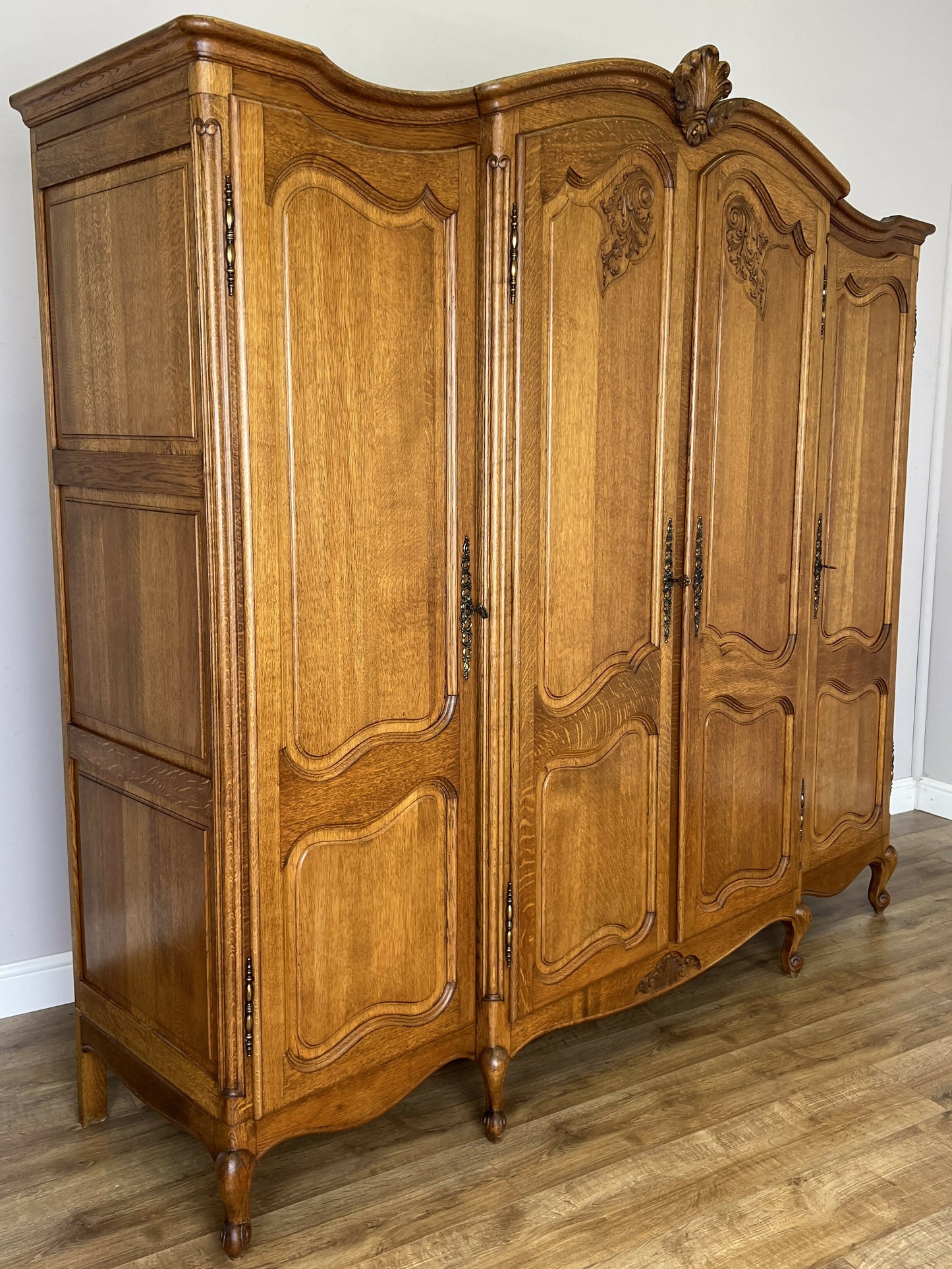 Wardrobe Vintage French Louis XVI Style Oak Four Door Carved Armoire LOT 6398