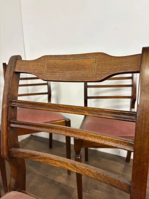 Reproduction Set Of Four Mahogany Inlaid Dining Chairs – Salmon Pink Upholstery