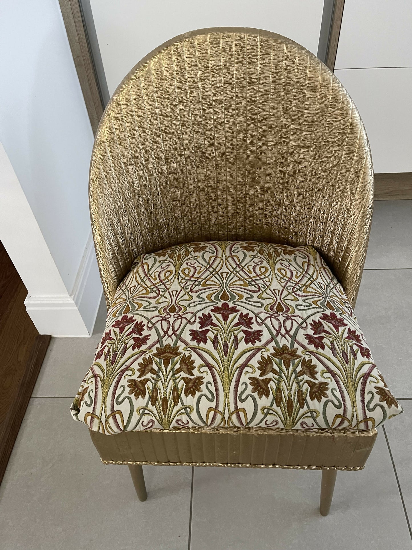 Accent chair. Gold painted wipe clean plastic with your choice of fabric seat. Removable with small storage space beneath.