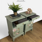 Rare Refinished Vintage Stag Minstrel Tea Tray Bedside Tables In Pale Sage Green With Floral Design, slim, nights stands, mid century