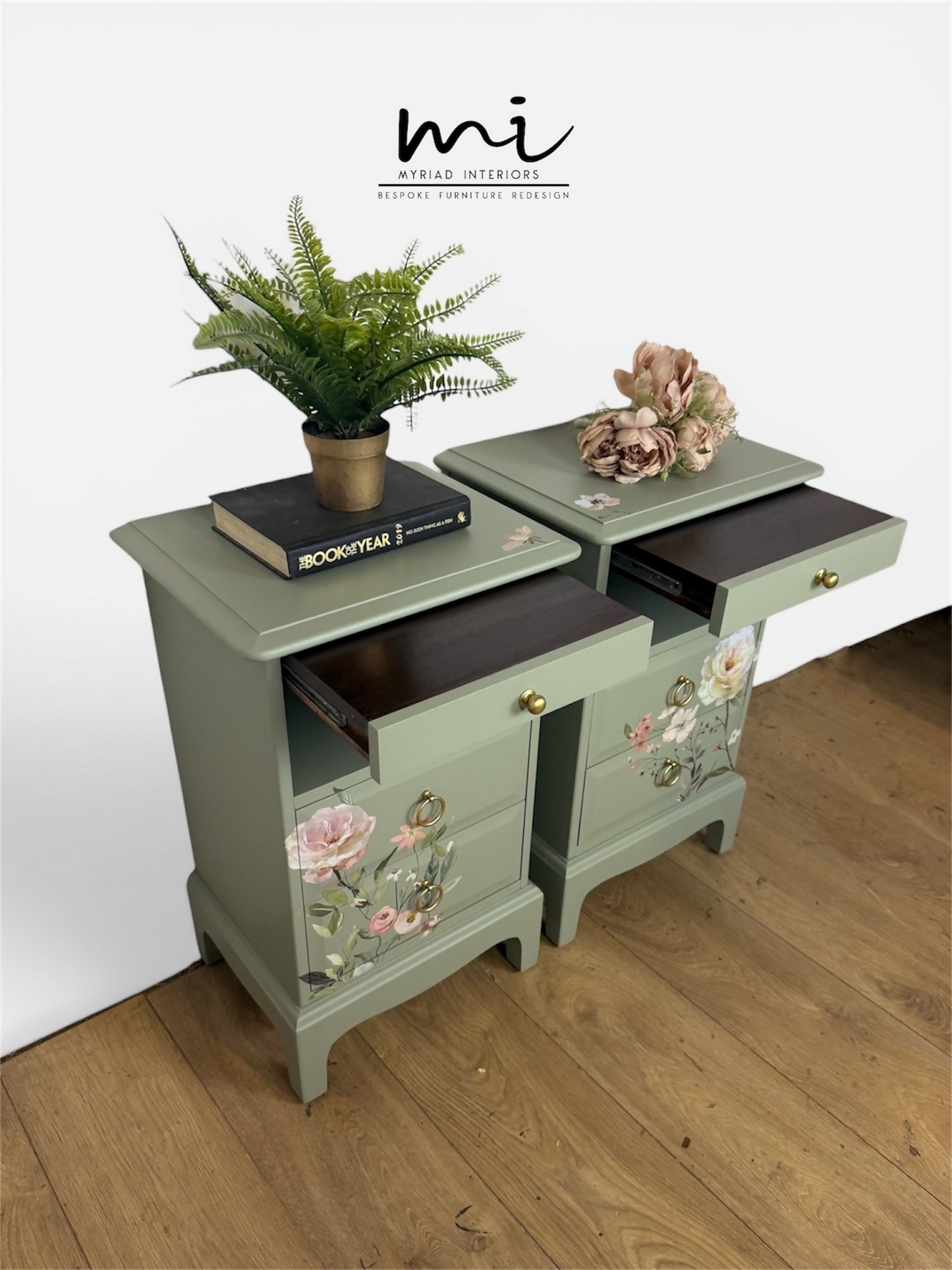 Rare Refinished Vintage Stag Minstrel Tea Tray Bedside Tables In Pale Sage Green With Floral Design, slim, nights stands, mid century