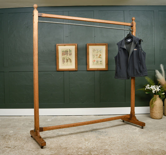 Antique Oak Shop/Cloakroom Clothes Hanging Rail - Coat Rack - Open Wardrobe