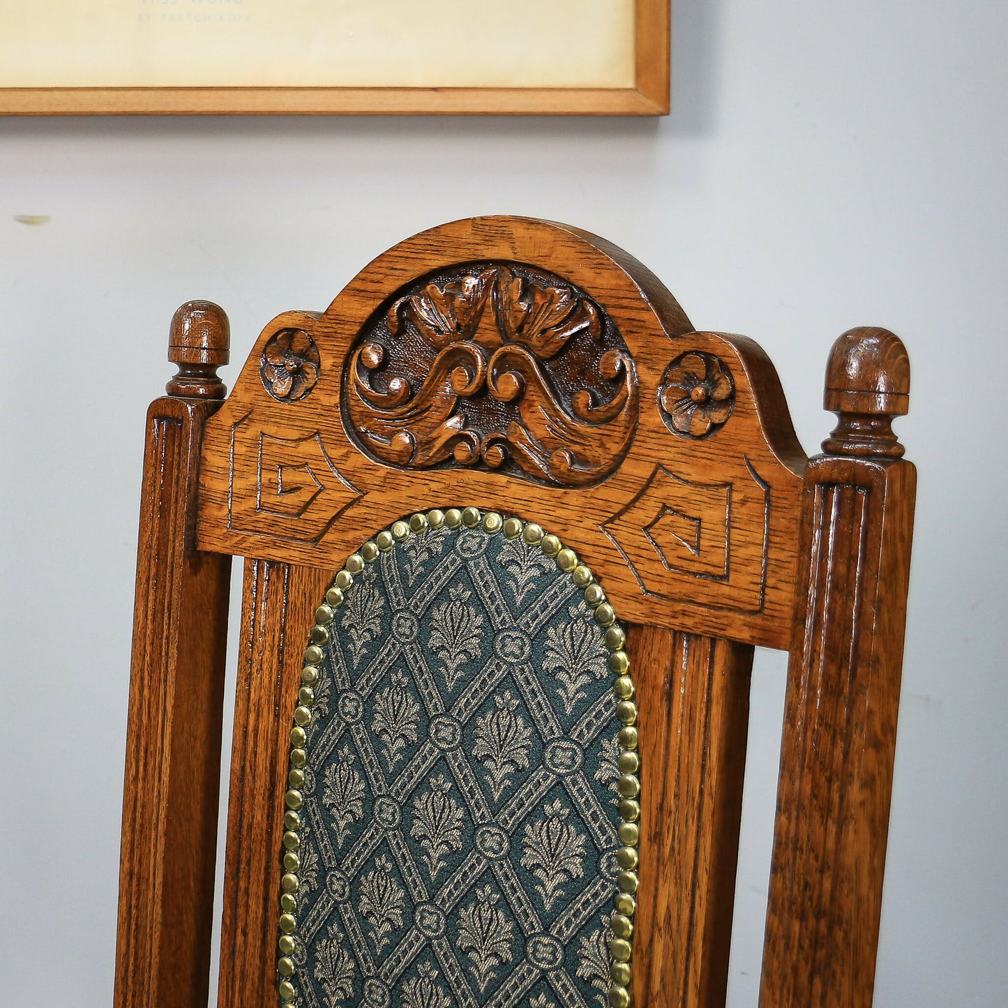 Victorian Side or Hall Chair Carved Back in Solid Oak with Green and Gold Fabric