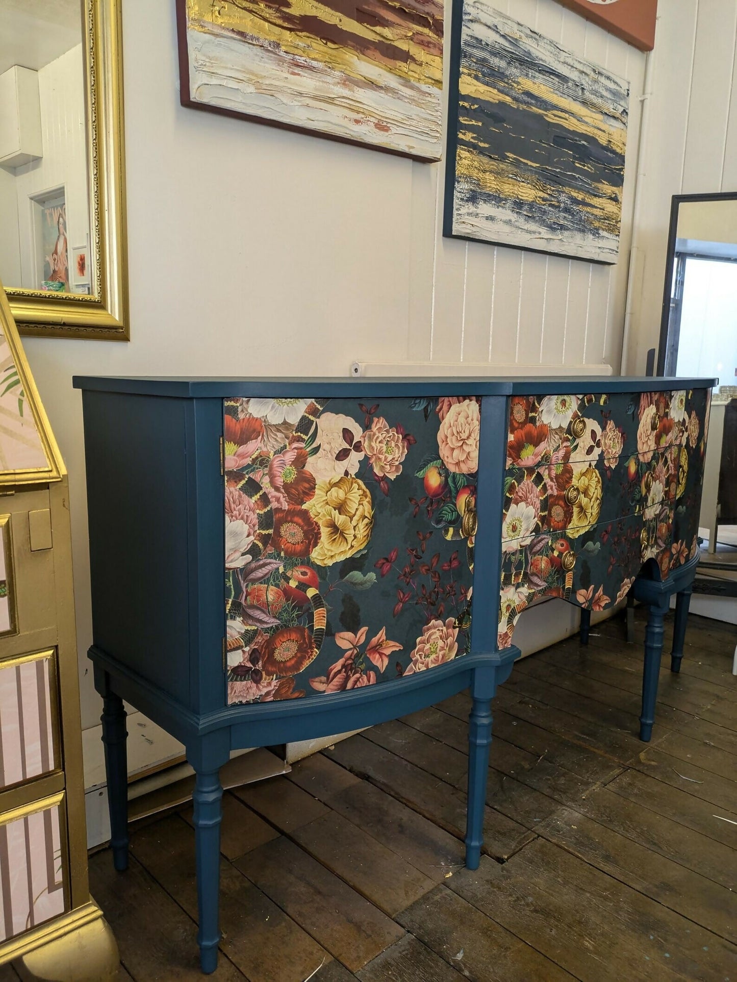 Strongbow Vintage Sideboard Dresser Painted Upcycled Dark Teal Floral Snake Print Commission Piece