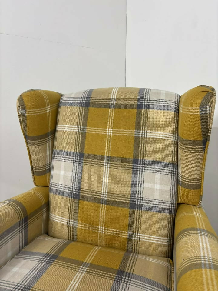 Modern Tartan Fireside Armchair – Upholstered Accent Chair in Mustard, Blue & White