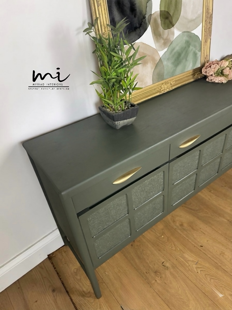 Refinished Mid Century Deep Olive Green Large Nathan Sideboard with drinks cabinet