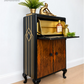 Art Deco Burl Walnut Petit Cocktail Cabinet, Black and Gold, Vintage Drinks Cabinet