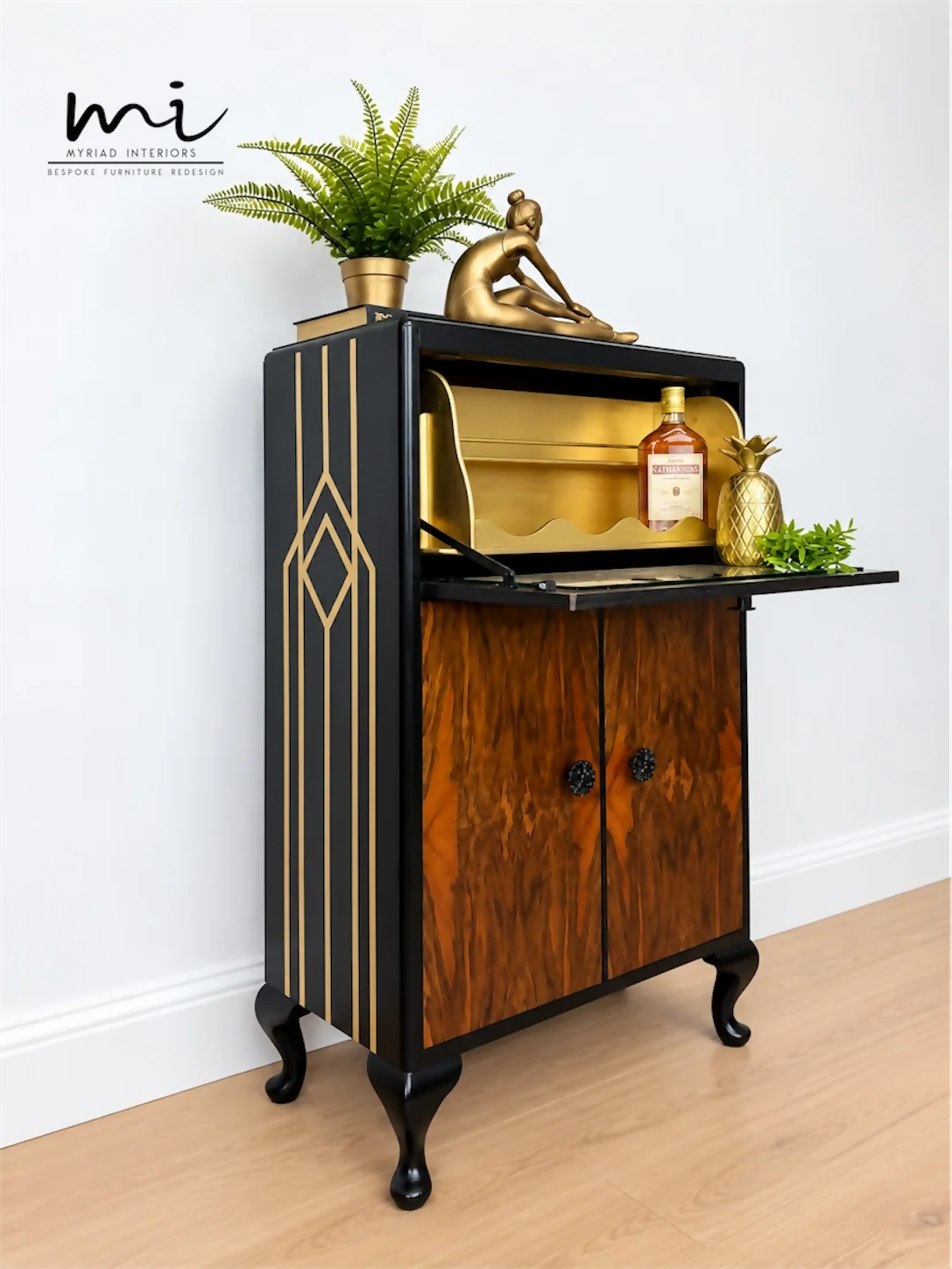 Art Deco Burl Walnut Petit Cocktail Cabinet, Black and Gold, Vintage Drinks Cabinet
