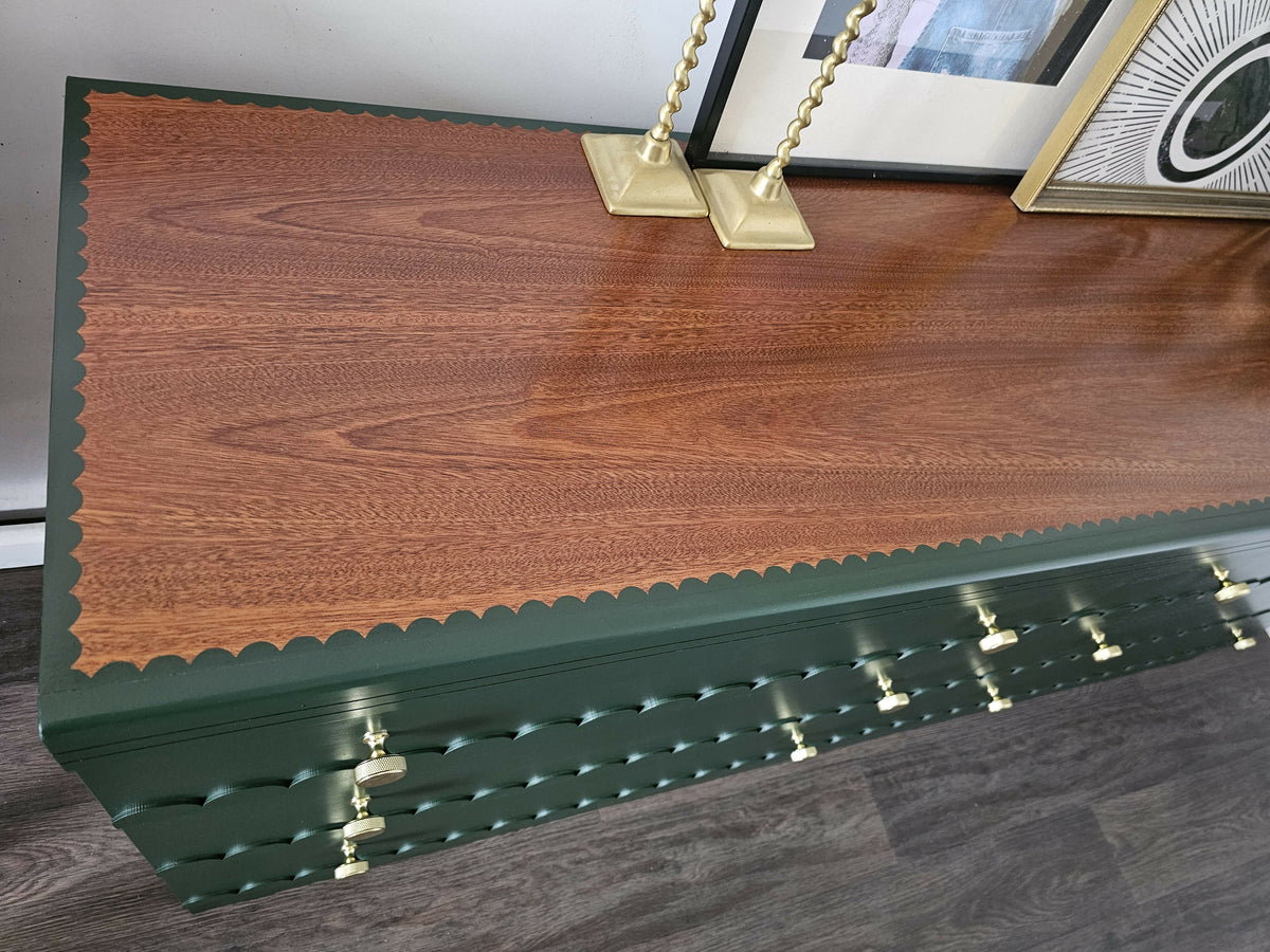 Large Vintage Dark Green Chest of Drawers with Scallops