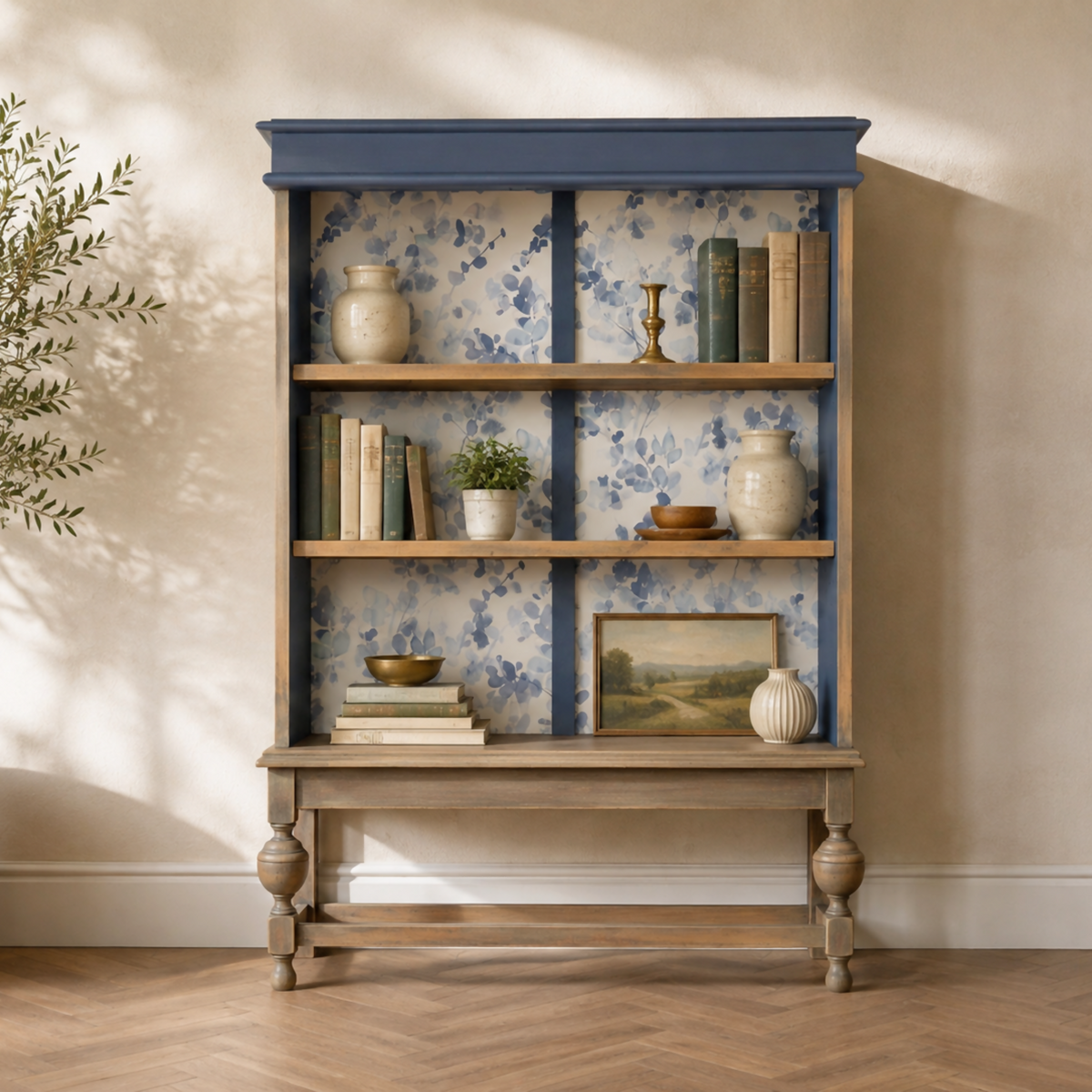 Vintage Open Bookcase | Upcycled Display Cabinet | Blue Botanical Shelving Unit | Hand Painted Furniture