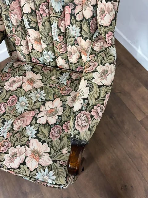Vintage Reupholstered Floral Wingback Fireside Armchair