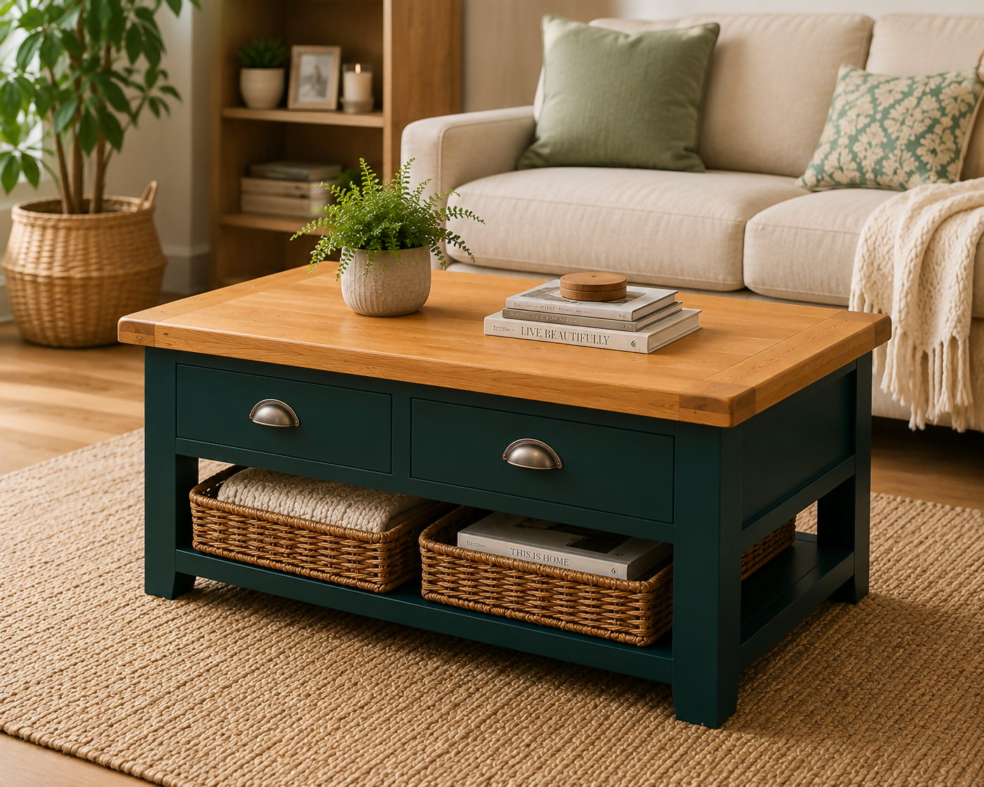Green Coffee Table | Solid Oak Coffee Table | Hand Painted Farmhouse Coffee Table | Restored Rustic Furniture