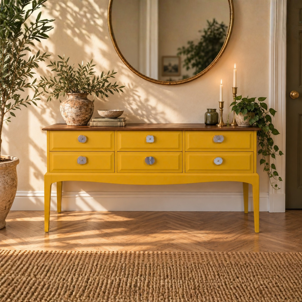 Mustard Yellow Vintage Stag Minstrel Mahogany Sideboard | Agate Handles | Upcycled Furniture | Mid Century Style