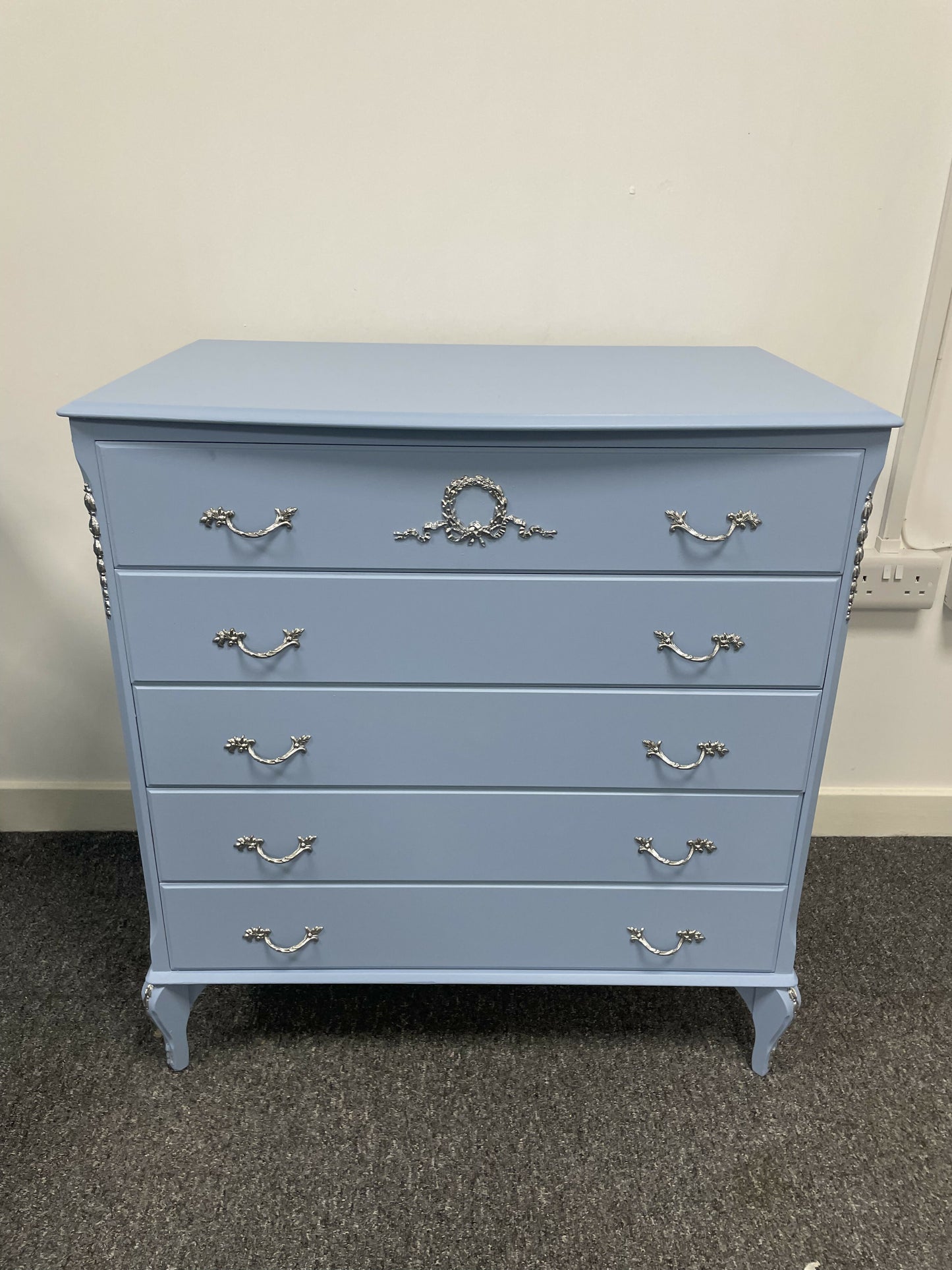 French Louis Style Blue and silver Chest of Drawers: Ornate 5-Drawer Dresser