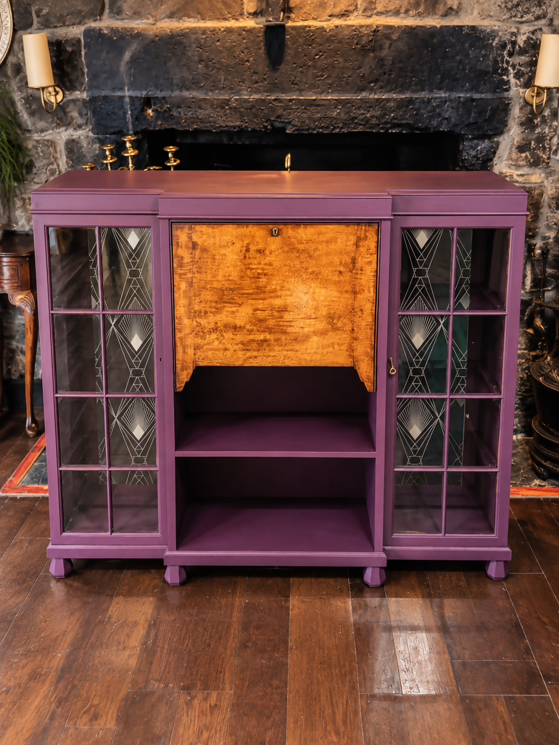 Art Deco Writing Bureau Bookcase & Drinks Cabinet - Aubergine Purple, Walnut & Glass