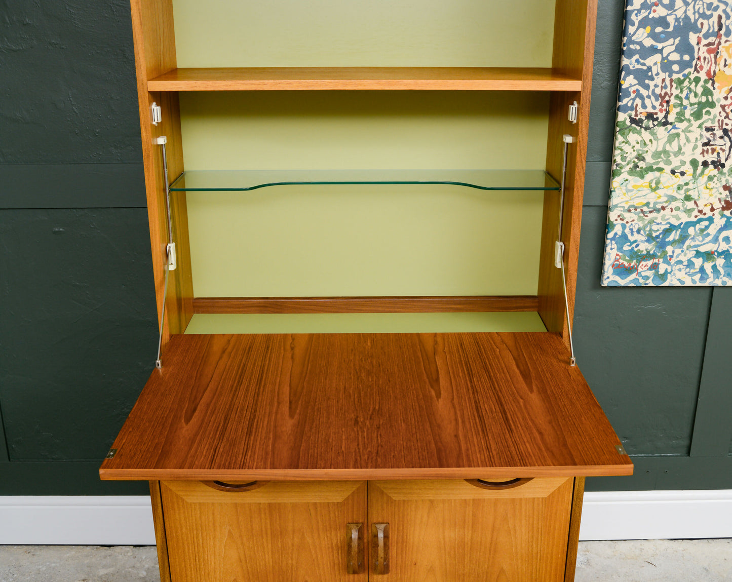 G Plan Sierra Wall Unit with Drinks Cabinet and Green Backboard