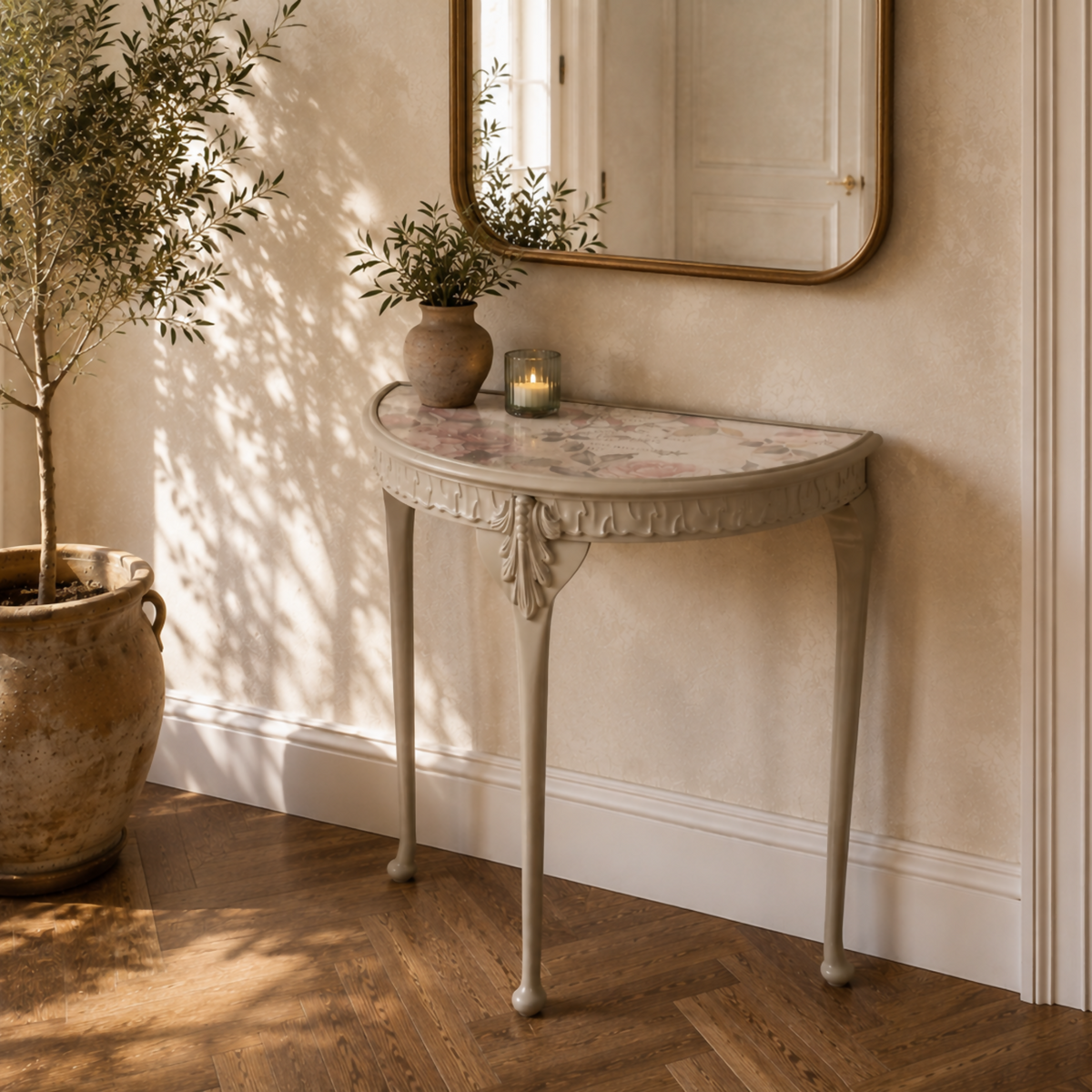 Vintage Demi-Lune Table | Decoupage Floral Console | French Style Hallway Table | Upcycled Furniture