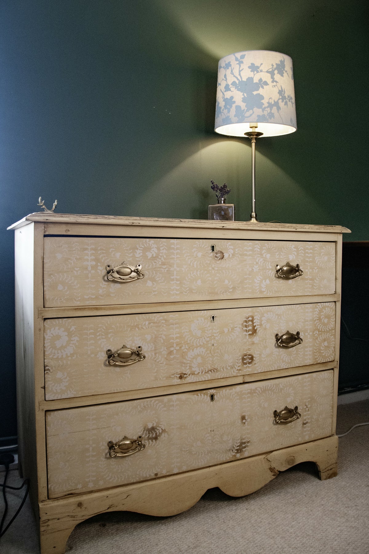 Antique Pine Chest of Drawers with stencils , three large drawers