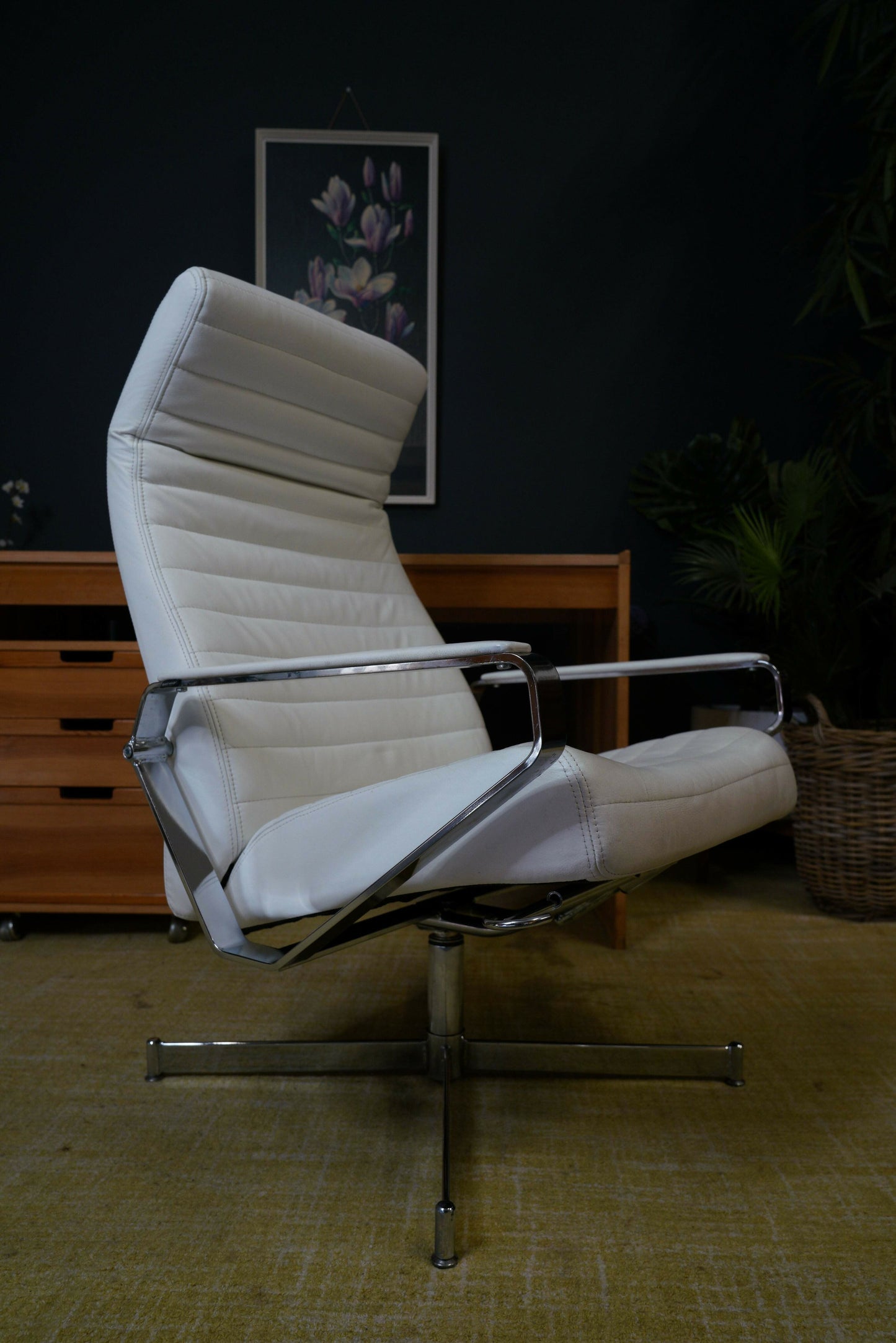 Vintage Danish Modern High Back Swivel Lounge Chair | Chrome & White Leather