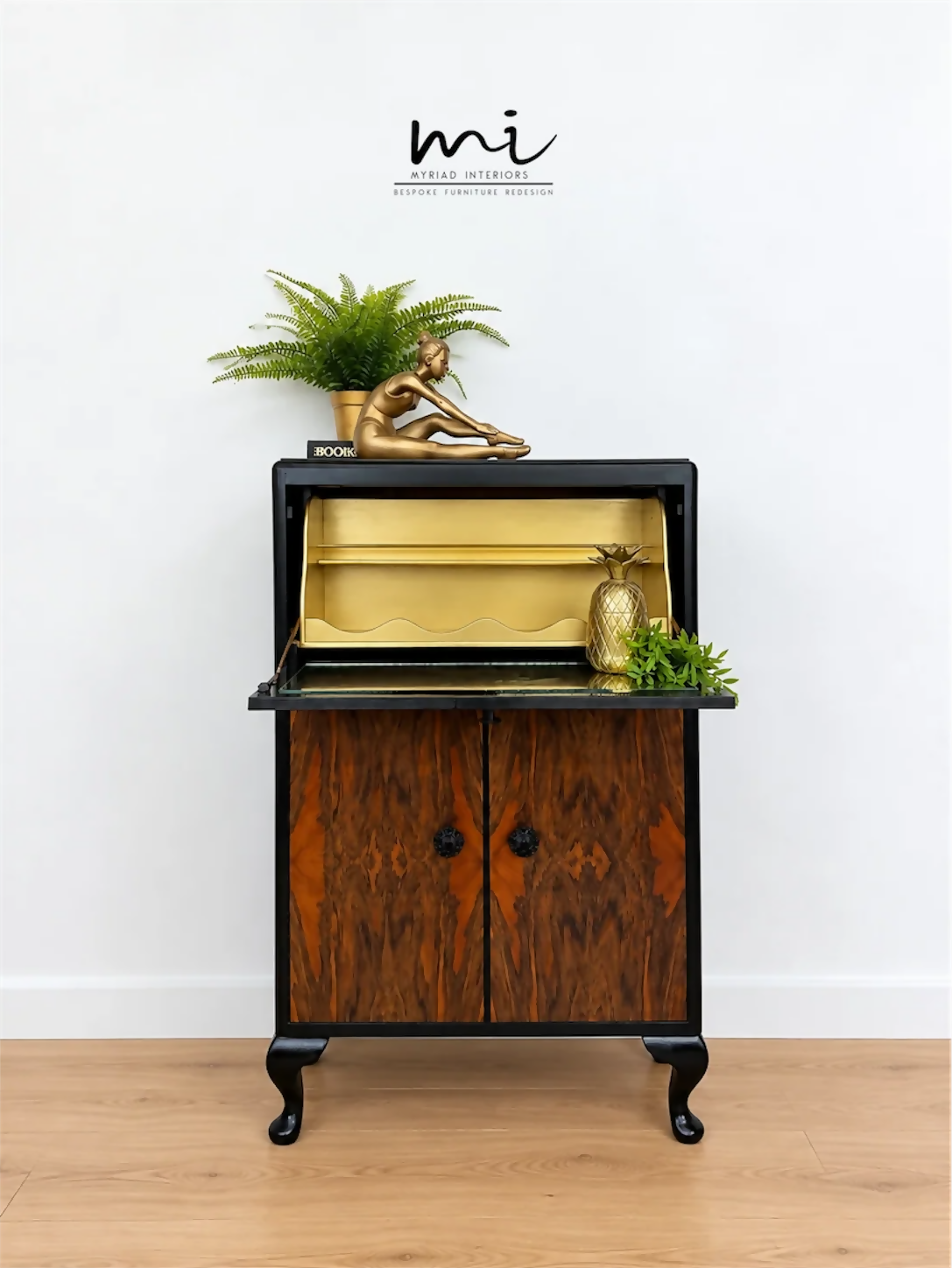Art Deco Burl Walnut Petit Cocktail Cabinet, Black and Gold, Vintage Drinks Cabinet