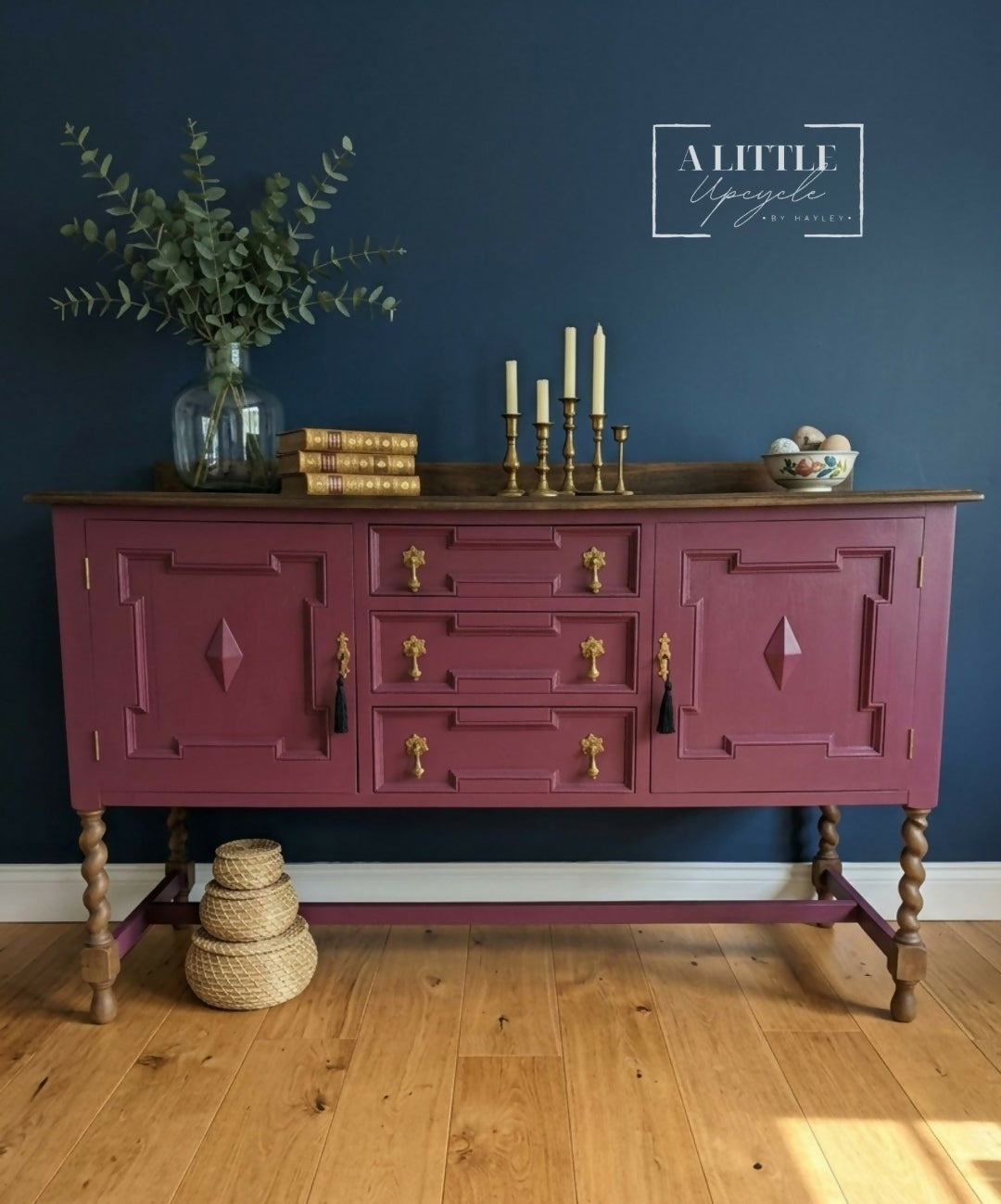 Refinished Jacobean Revival Solid Oak Sideboard, Burgundy Red Painted Buffet, Winchester Fusion Mineral Paint