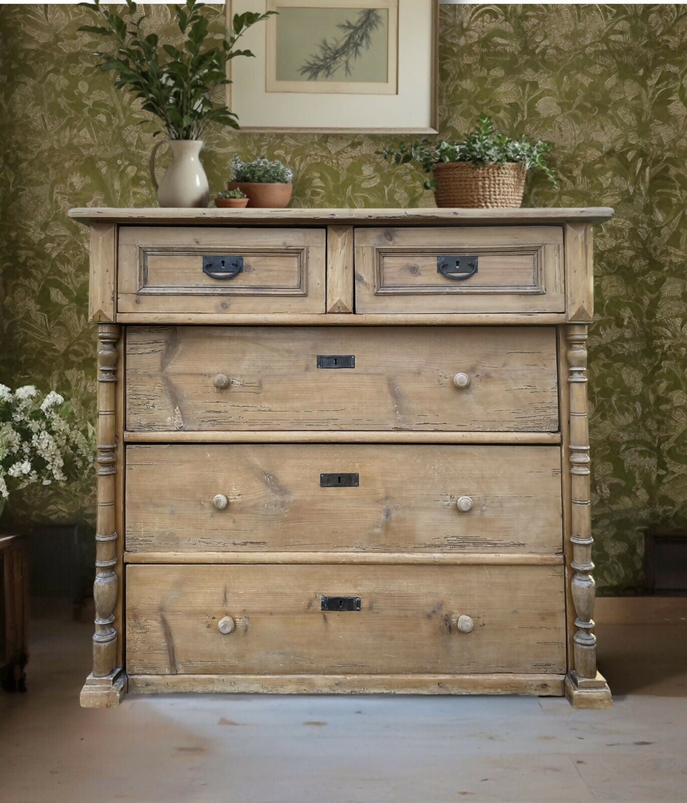 Large Rustic Antique Solid Pine European Style Chest Of Drawers