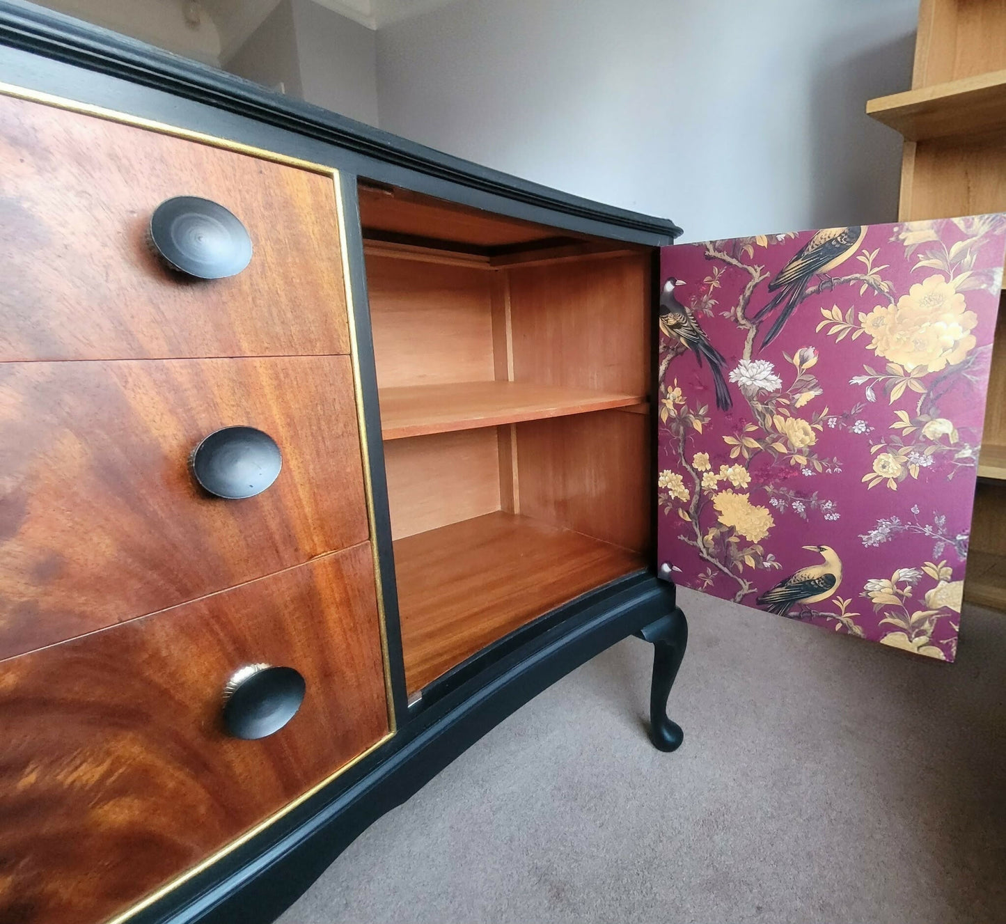 Refined Vintage Flame Mahogany Serpentine Sideboard in black