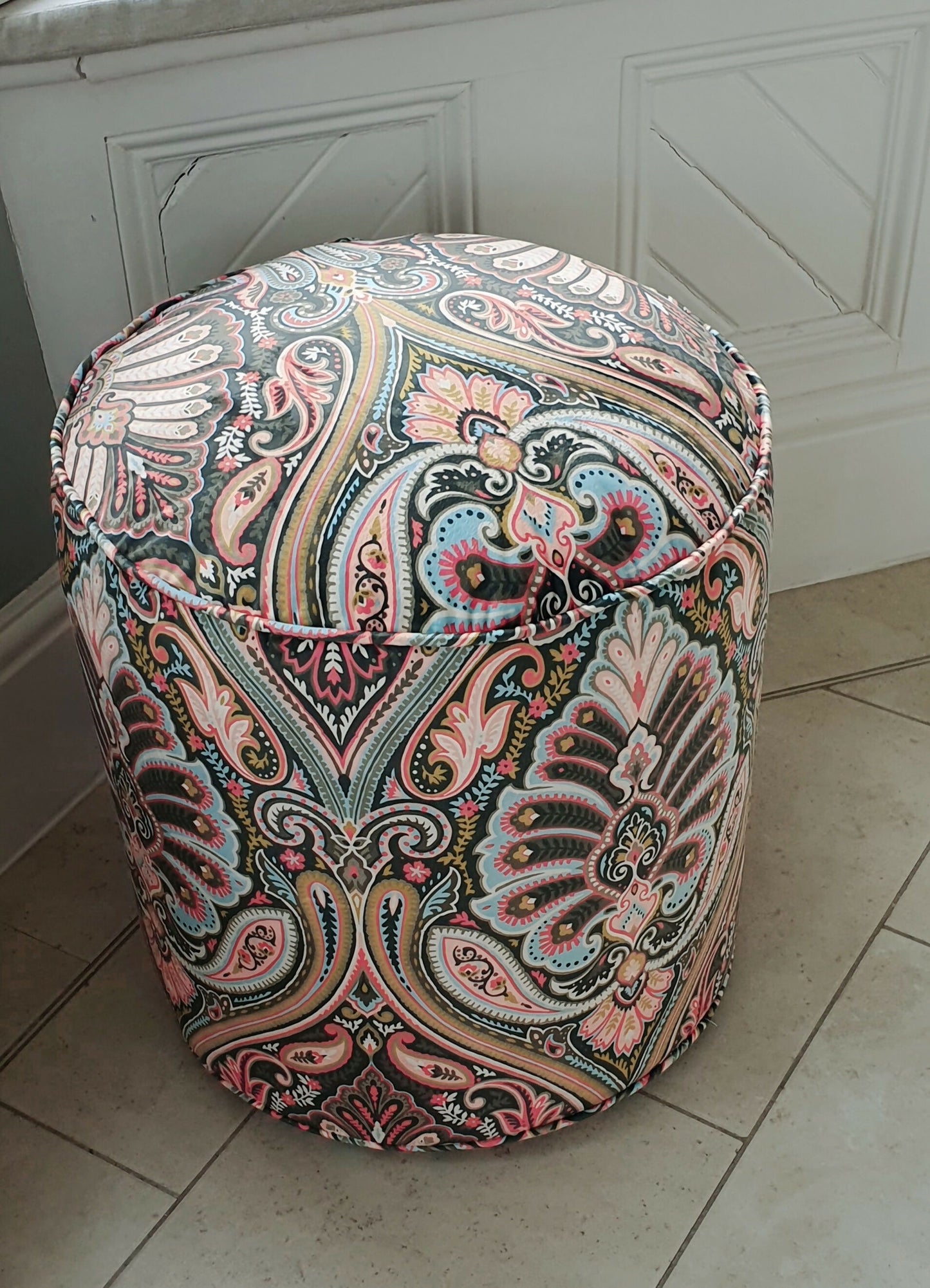Footstool Circular Drum Style Newly Reuphstered in 'Antigua' Velvet.
