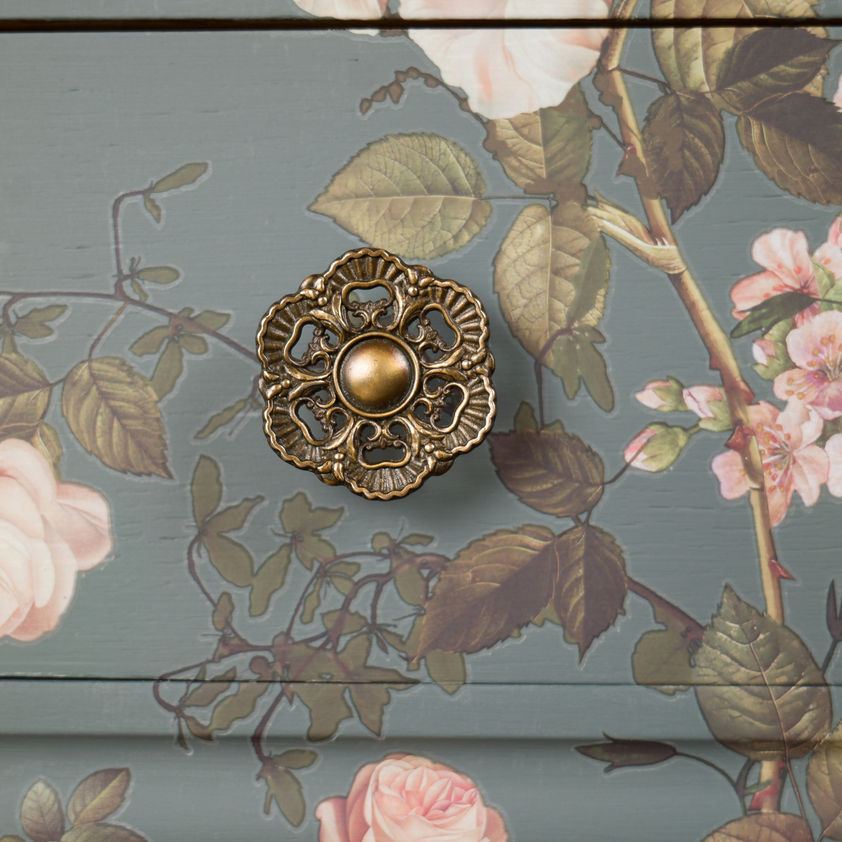 Floral Upcycled Chest of Drawers, Blue Grey Vintage Dresser, Painted Furniture