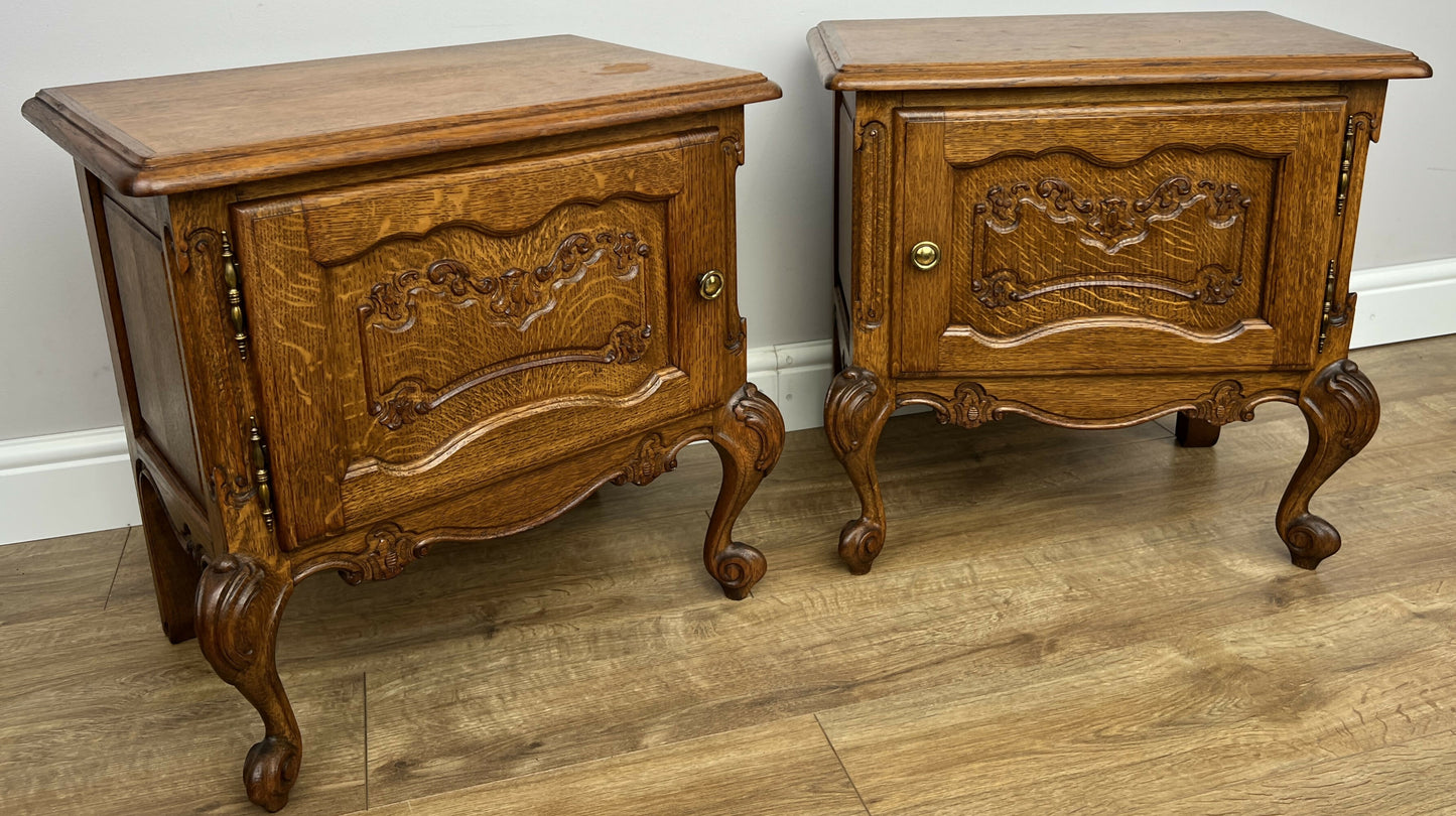Pair of Bedside Tables Vintage French Louis Oak Nightstands Cabinets LOT 6220