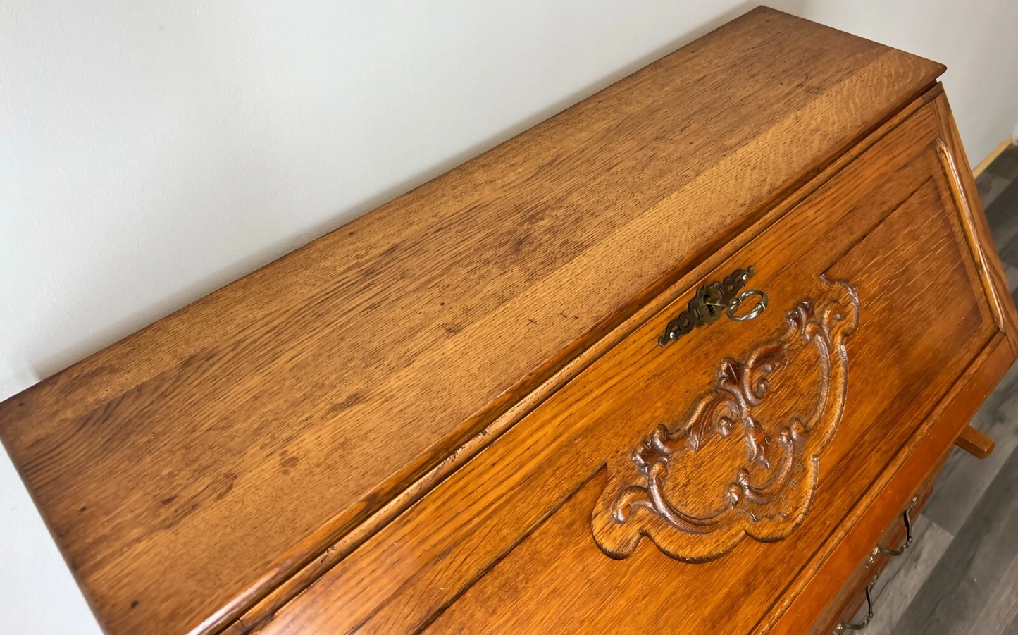 Secretaire Writing Desk Vintage French Oak Bureau Carved Cabinet LOT 3755