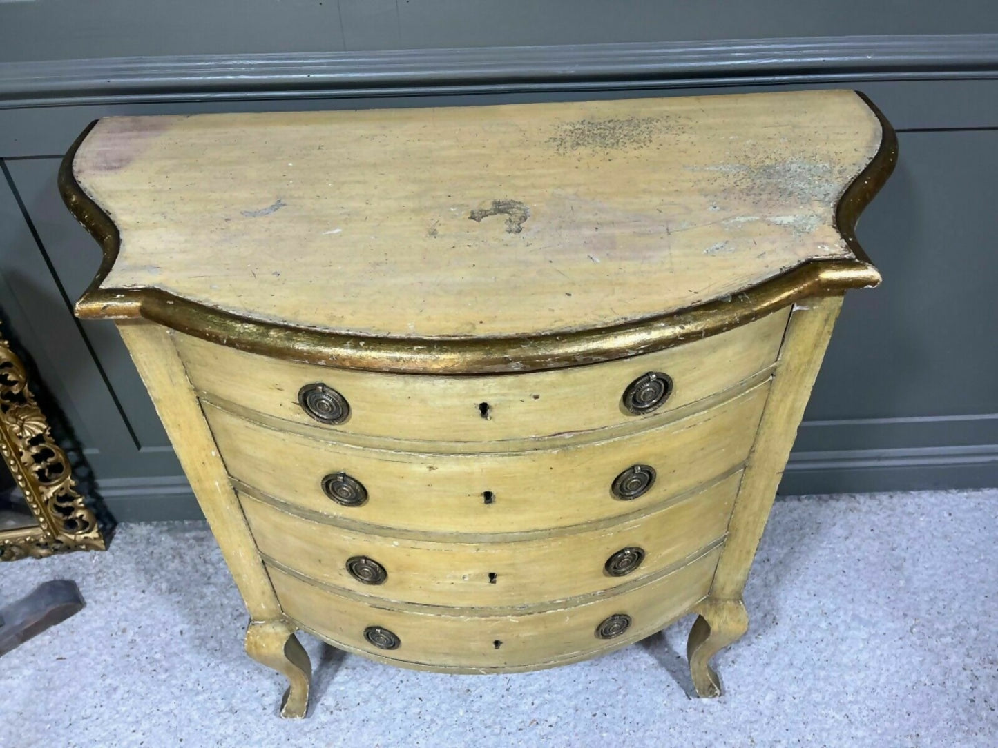 Vintage Yellow Painted Chest Of Drawers Italian Origin Gilded Banding Late 1890’s