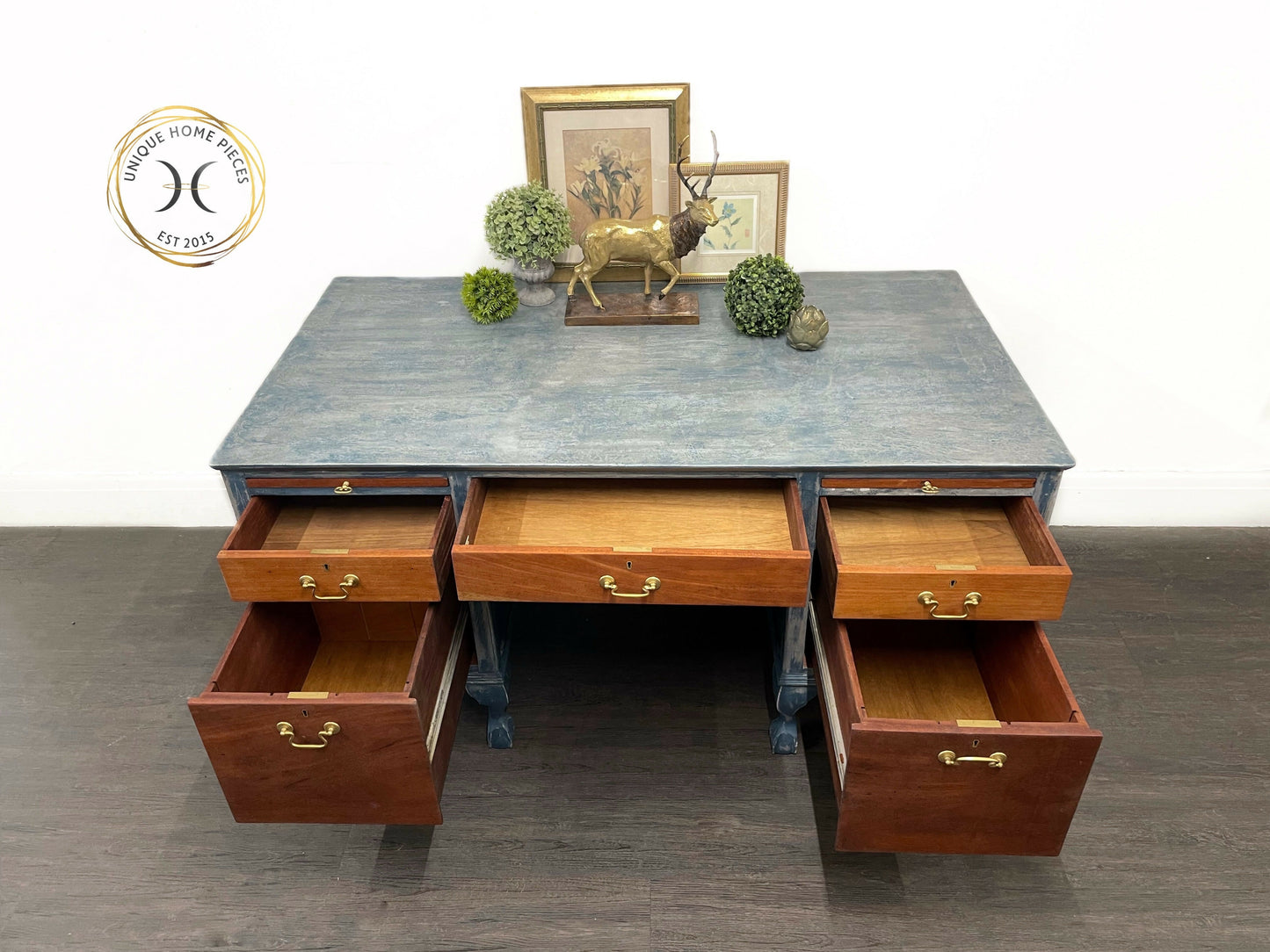 Blue Antique Claw and Ball Double Pedestal Office Desk By Cooke’s Ltd