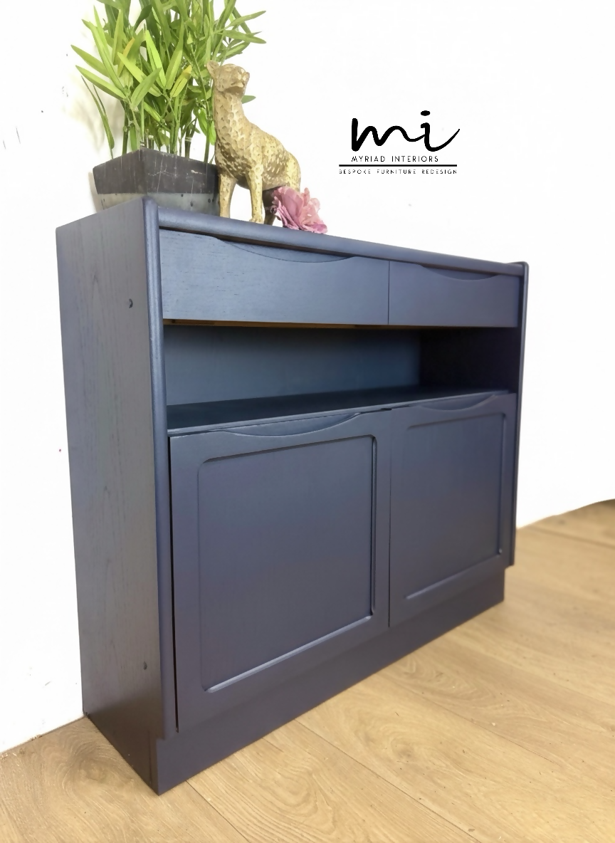 Navy Blue Nathan slim sideboard, retro hallway table, teak console, vintage, narrow, small drinks cabinet