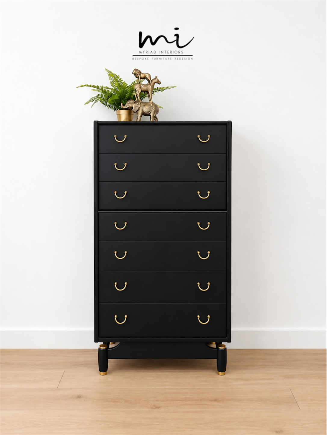 Refurbished Matte Black G Plan E Gomme tallboy chest of drawers, dresser, bedroom furniture, sideboard, brass, mid century modern, Vintage