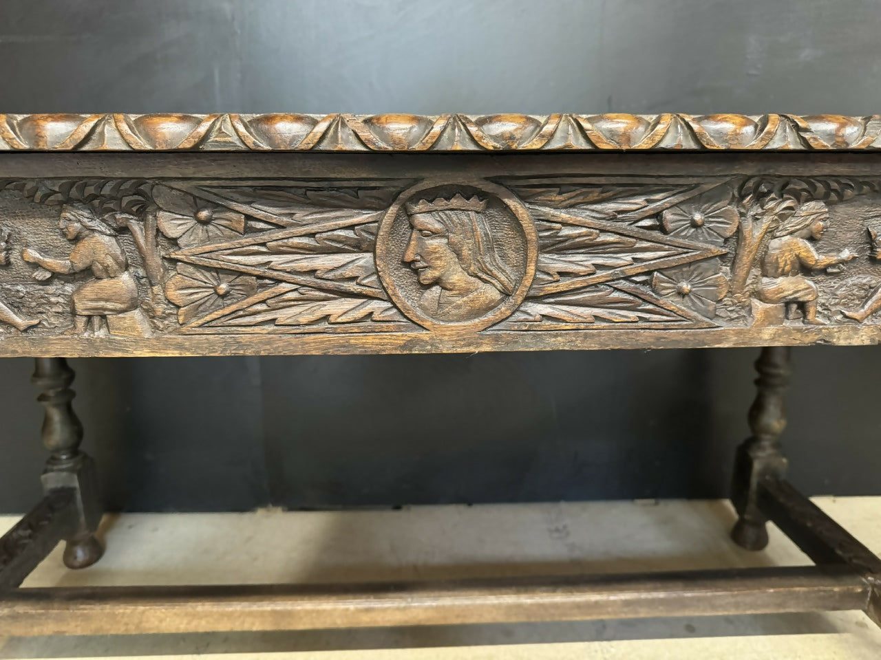19th Century Carved Oak Table having drawers