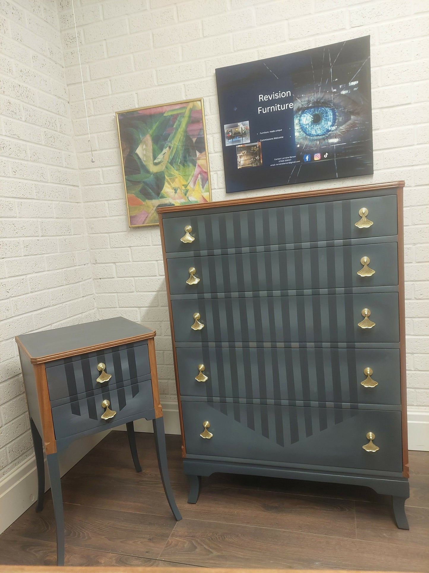 Grey striped 5 drawer dresser