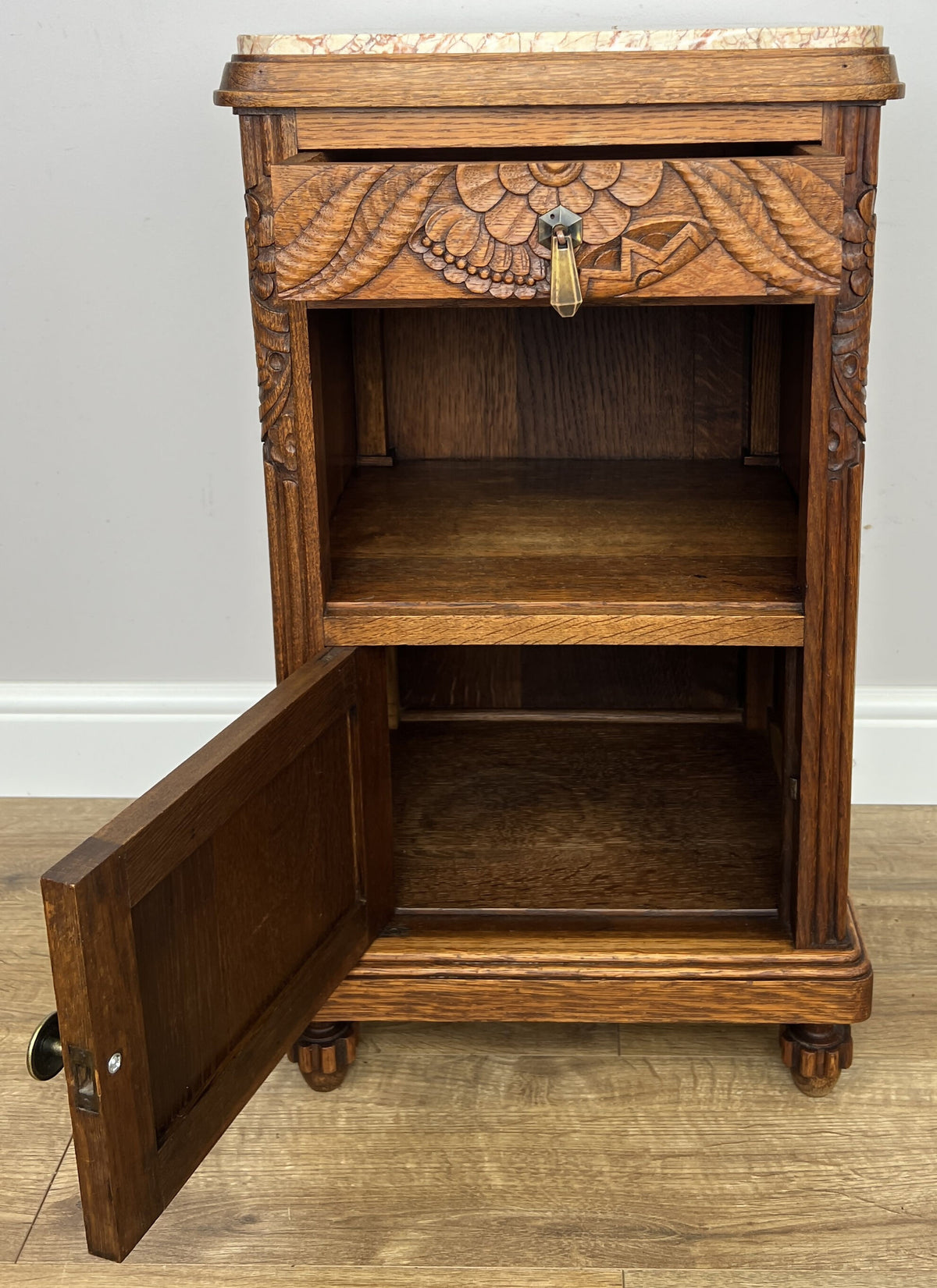 Pair of Bedside Tables Antique French Oak Carved Marble Top Cabinets LOT 6603