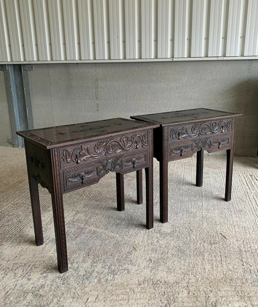 Antique Oak 19th C Gothic revival side tables chest of drawers