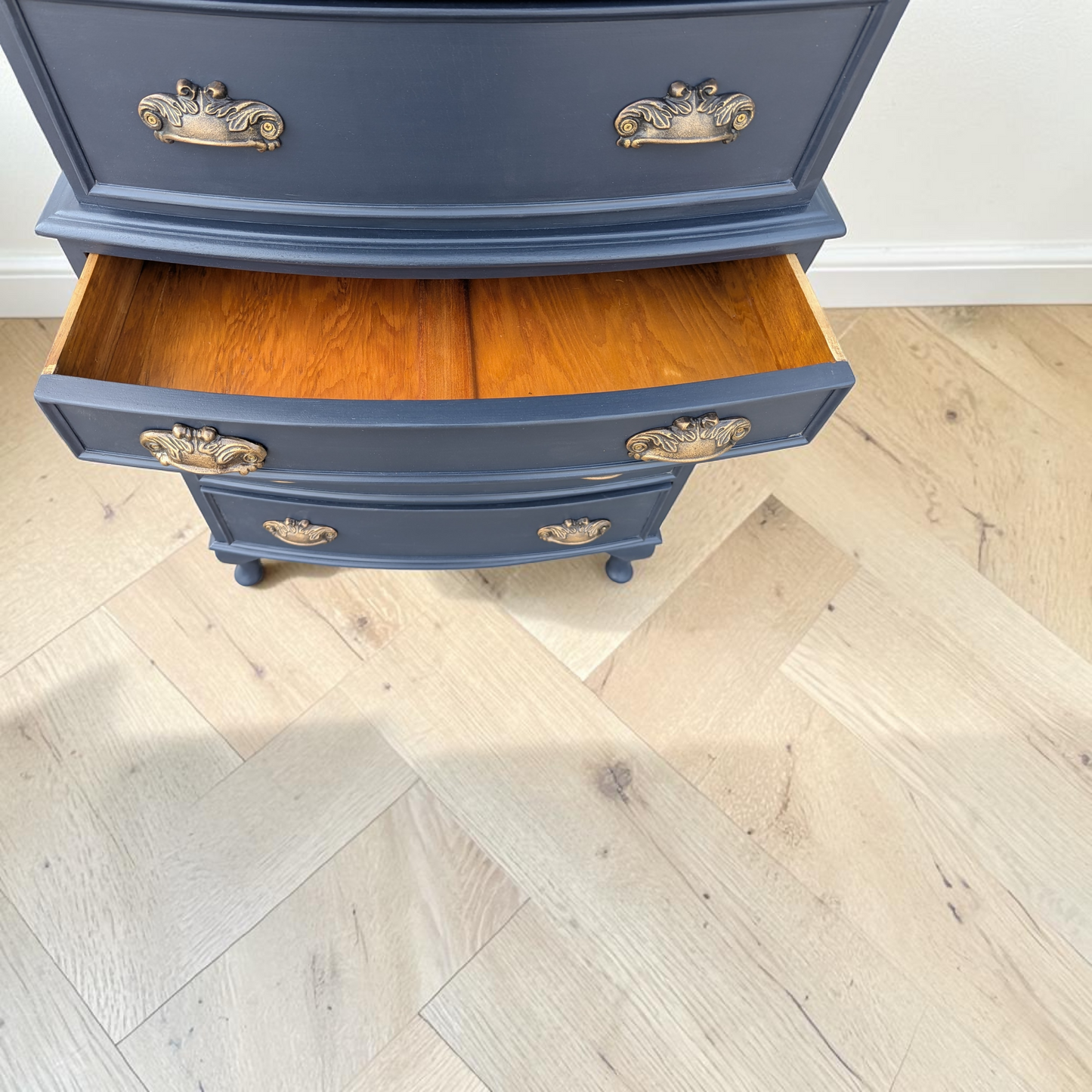 Vintage navy blue chest of drawers William Morris decoupage tallboy