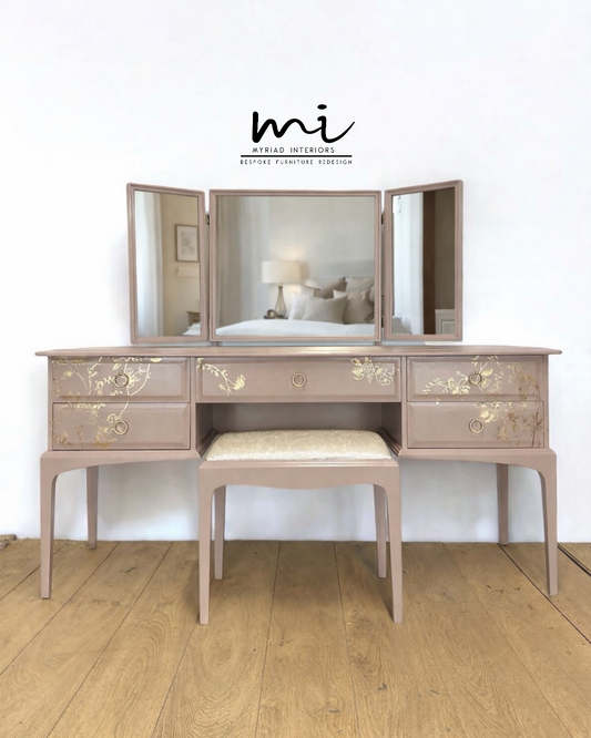 Painted to Order Pretty Dusky pink Stag Minstrel dressing table art with gold birds and flower design. Rose