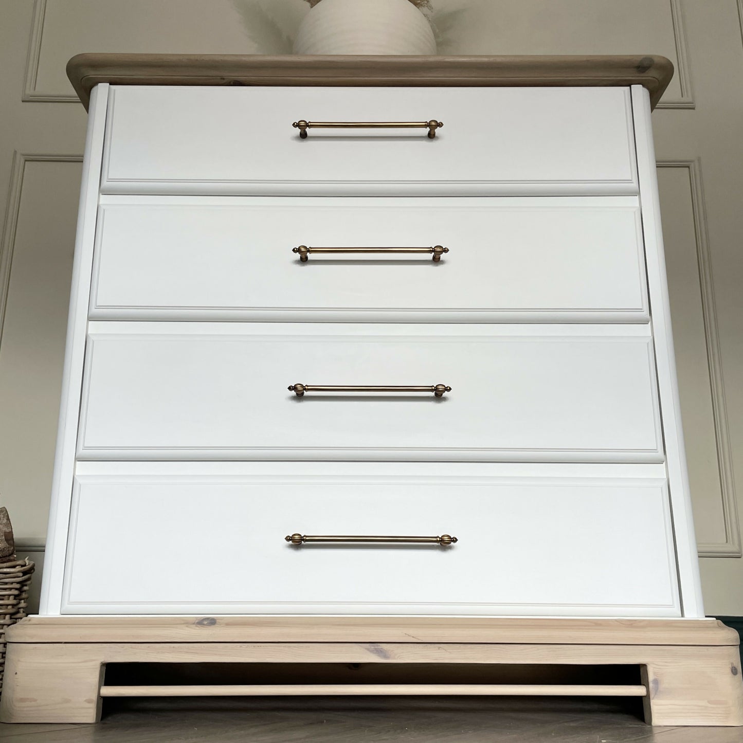 White Chest of Drawers Solid Wood | Hand Painted Vintage Dresser | Rustic Wood Top Bedroom Furniture | Modern Farmhouse Storage