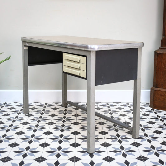 Industrial Metal Desk with Three Drawers and Formica Top by Conforti of Italy