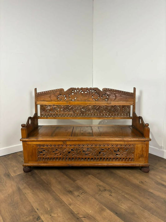 Heavily Carved Indian Teak Bench
