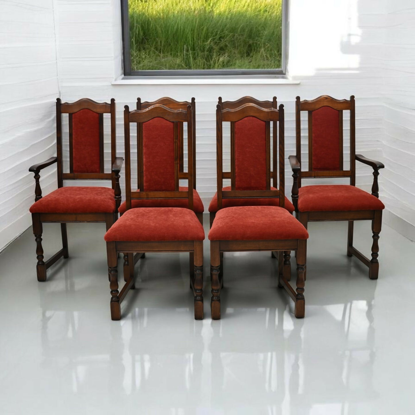 6 Old Charm Dining Chairs Burnt Red Upholstery Tudor Brown FREE UK Delivery