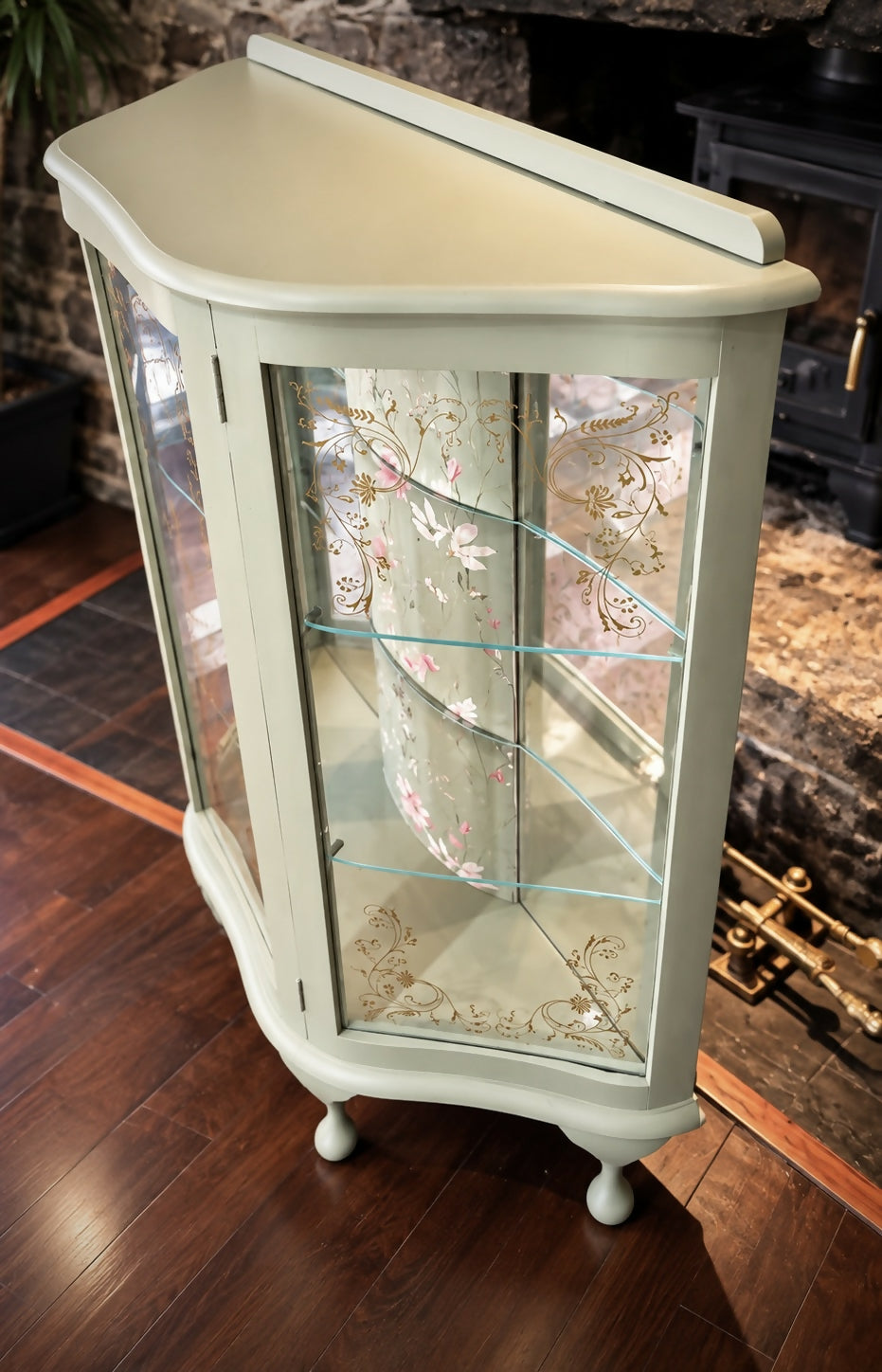 Vintage Curved Display Cabinet | Sage Green & Gold | Floral Botanical Interior | Lockable Glass Drinks Cabinet